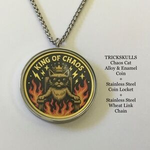 Chaos Cat Alloy & Enamel Coin + Stainless Glass Locket + Custom Stainless Chain